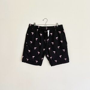 NEW H&M Divided Flamingo Print Black Casual Flat Front Pull On Shorts Men’s M